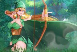 Rule 34 | 1girl, absurdres, adventurequest, adventurequest worlds, artix entertainment, blue eyes, blue pupils, bow, breasts, brown hair, cape, firing, forest, grass, green cape, green headwear, highres, large breasts, long hair, looking to the side, lovertee arts, nature, non-web source, pointing, robina (adventurequest worlds), solo, thighs, tree