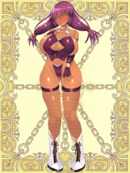 Rule 34 | 1girl, blush, breasts, cleavage cutout, clothing cutout, dark skin, dark-skinned female, embarrassed, female focus, full body, hair over eyes, huge breasts, kerberos blade, navel cutout, purple hair, revealing clothes, solo, souma (ordures), thighs, twintails