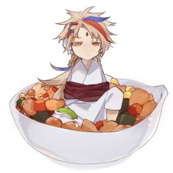 Rule 34 | 1boy, blue hair, bound, bowl, braid, carrot, character request, chibi, code009, corn, diamond (shape), earmuffs, facial mark, food, food request, forehead mark, frown, half-closed eyes, in bowl, in container, in food, japanese clothes, kimono, knee up, long hair, looking afar, male focus, multicolored hair, multiple braids, orange eyes, red hair, restrained, shanhai jing hua, simple background, sitting, solo, streaked hair, tied up (nonsexual), white background, white kimono