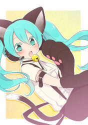 Rule 34 | 1girl, animal ear headphones, animal ears, animal hands, arm strap, azurite0012, bell, blue eyes, blue hair, blush, cat ear headphones, cat ears, cat tail, collared shirt, colored eyelashes, fake animal ears, fang, gloves, hatsune miku, headphones, headset, long hair, looking at viewer, neck bell, nyan ko (module), open mouth, paw gloves, project diva (series), shirt, short sleeves, solo, suspenders, tail, twintails, vocaloid