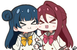 Rule 34 | &gt; &lt;, 2girls, :d, absurdres, arm at side, blue hair, blunt bangs, blush, bow, buttons, center-flap bangs, cheek-to-cheek, chibi, chibi only, closed eyes, closed mouth, double-breasted, facing another, grabbing another&#039;s arm, grey sailor collar, grey skirt, hair between eyes, hair bun, half updo, heads together, highres, long hair, long sleeves, love live!, love live! sunshine!!, multiple girls, oofushi ao, open mouth, red bow, red hair, sailor collar, sakurauchi riko, school uniform, serafuku, sidelocks, signature, single side bun, skirt, smile, tsushima yoshiko, uranohoshi school uniform, winter uniform, xd, yellow bow, yuri