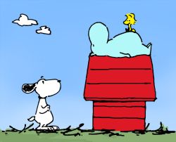Rule 34 | animal ears, beagle, bird, charles schulz (style), cloud, crossover, dog, dog ears, doghouse, grass, monoyuu, moomin, moomintroll, no humans, outdoors, peanuts (comic), simple background, sitting, sitting on person, sleeping, snoopy, woodstock