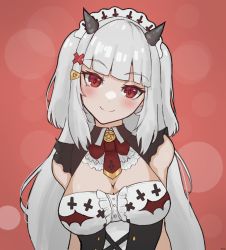 Rule 34 | breasts, cleavage, demon girl, detached collar, frills, hair ornament, hairpin, highres, horns, indie virtual youtuber, large breasts, long hair, lucy pyre, red eyes, sleeveless, tosi vt, virtual youtuber, white hair