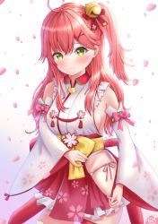 Rule 34 | 1girl, ahoge, bare shoulders, bell, blush, breasts, cherry blossoms, detached sleeves, floral print, green eyes, hair bell, hair between eyes, hair ornament, hairclip, highres, hololive, japanese clothes, kimono, long hair, looking at viewer, nontraditional miko, one side up, pink hair, sakura miko, sakura miko (1st costume), sideboob, smile, solo, uni ikura, virtual youtuber, x hair ornament