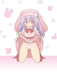 Rule 34 | 1girl, animal hat, blush, bow, bow panties, braid, closed mouth, clothes lift, commentary request, dress, dress lift, hair between eyes, hat, highres, kneeling, lifting own clothes, long hair, looking at viewer, original, panties, pink background, pink dress, pink hat, pink panties, puffy short sleeves, puffy sleeves, purple hair, rabbit hat, red eyes, red footwear, ri-net, shoes, short sleeves, smile, snow rabbit, solo, twin braids, two-tone background, underwear, very long hair, white background