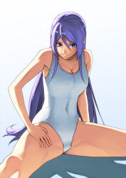 Rule 34 | 1girl, bad id, bad pixiv id, blue eyes, blue hair, breasts, cleavage, gonoike biwa, hand on lap, legs, long hair, matching hair/eyes, one-piece swimsuit, original, shadow, simple background, sitting, smile, solo, spread legs, swimsuit, thighs