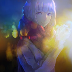 Rule 34 | 1girl, blurry, blurry background, character request, grey eyes, grey jacket, hands up, highres, jacket, kyuuba melo, light, long sleeves, outdoors, own hands together, red scarf, scarf, smile, solo, tokyo ghoul, upper body