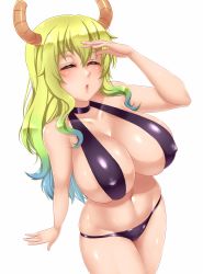Rule 34 | 10s, 1girl, :o, alternate costume, arm at side, bare arms, bare legs, bare shoulders, bikini, black bikini, black neckwear, blonde hair, blue hair, breast suppress, breasts, can, choker, cleavage, collarbone, covered erect nipples, cowboy shot, dragon girl, dragon horns, eyelashes, gradient hair, green hair, groin, hair between eyes, horns, kobayashi-san chi no maidragon, large breasts, legs together, long hair, lucoa (maidragon), multicolored hair, navel, no headwear, open mouth, pink lips, shading eyes, shiny clothes, shiny skin, sideboob, simple background, skindentation, solo, standing, swimsuit, twrlare, wavy hair, white background
