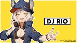 Rule 34 | :d, animal ears, bikini, bikini top only, black bikini, bob cut, breasts, character name, cleavage, copyright request, dj rio, facial mark, fox shadow puppet, grey hair, hand on headphones, hat, headphones, headphones around neck, highres, looking at viewer, medium breasts, mogumo, nail polish, o-ring, o-ring top, open clothes, open mouth, open shirt, orange eyes, short hair, simple background, smile, solo, swimsuit, teeth, upper teeth only, virtual youtuber, wristband, yellow background