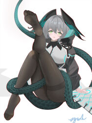 Rule 34 | 1girl, aqua wings, arknights, ass, black pantyhose, breasts, coat, green eyes, grey hair, head wings, highres, ho&#039;olheyak (arknights), large breasts, long sleeves, looking at viewer, open clothes, open coat, pantyhose, short hair, simple background, snake tail, soles, solo, tail, white coat, wings