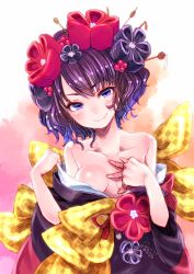 Rule 34 | 1girl, bare shoulders, blue eyes, blush, breasts, closed mouth, commentary request, fate/grand order, fate (series), hair ornament, hairpin, hand on own chest, head tilt, highres, japanese clothes, katsushika hokusai (fate), kimono, ko yu, looking at viewer, off shoulder, ouhashi (yumenosukima), pink background, purple hair, purple kimono, short hair, small breasts, smile, solo, upper body