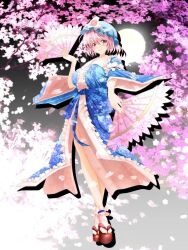 Rule 34 | 1girl, black background, blue headwear, blue kimono, blush, brown footwear, cherry blossoms, closed mouth, commentary request, frilled kimono, frills, full body, gradient background, japanese clothes, kimono, long sleeves, okobo, pink eyes, pink hair, saigyouji yuyuko, sandals, short hair, smile, socks, solo, touhou, white socks, wide sleeves, yanmarson