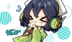 Rule 34 | 1girl, :t, black hair, blush, chibi, closed eyes, closed mouth, commentary request, diagonal stripes, dotted line, eating, facing viewer, flying sweatdrops, food, green jacket, green sleeves, hair between eyes, headphones, highres, holding, holding food, jacket, kyoumachi seika, long sleeves, milkpanda, mochi, necktie, red necktie, shirt, short eyebrows, simple background, sleeveless, sleeveless jacket, solo, striped, thick eyebrows, voiceroid, wavy mouth, white background, white shirt, wide sleeves