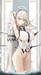 Rule 34 | 1girl, :o, armpits, arms behind head, arms up, azur lane, bare hips, breasts, choker, clothing cutout, collar, crotch seam, detached sleeves, dress, dripping, elbow gloves, formidable (azur lane), formidable (timeless classics) (azur lane), gloves, halo, highres, large breasts, long hair, looking at viewer, navel, navel cutout, official alternate costume, sailor collar, sailor dress, sailor shirt, shirt, twintails, wet, white hair, yusha m