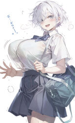 Rule 34 | 1girl, :d, bag, blue bow, blue bowtie, bouncing breasts, bow, bowtie, breasts, commentary request, grey eyes, kurono mitsuki, large breasts, long hair, looking at viewer, open mouth, original, plaid, plaid skirt, school bag, school uniform, shirt, short hair, short sleeves, skirt, smile, solo, thighs, white hair, white shirt
