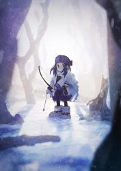 Rule 34 | 1girl, ainu, ainu clothes, arrow (projectile), asirpa, black hair, blue eyes, blush, boots, bow (weapon), cape, fur cape, golden kamuy, highres, holding, holding arrow, holding bow (weapon), holding weapon, kunitarou-art, long hair, long sleeves, looking at viewer, shadow, snow, solo, weapon, white footwear