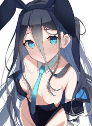 Rule 34 | 1girl, animal ears, aris (blue archive), black hair, blue archive, blue eyes, breasts, cleavage, detached collar, downblouse, fake animal ears, from above, highres, leotard, long hair, looking at viewer, necktie, nidaime (doronbo), no bra, playboy bunny, simple background, small breasts, solo, white background