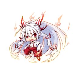 Rule 34 | 1girl, armband, baggy pants, bow, chibi, collared shirt, d:, fire, fujiwara no mokou, full body, hair bow, hands in pockets, high ponytail, long hair, long sleeves, looking at viewer, midriff peek, navel, ofuda, ofuda on clothes, open mouth, pants, red eyes, red footwear, red pants, reku, shirt, shoes, solo, stomach, suspenders, touhou, v-shaped eyebrows, very long hair, white hair, white shirt, wide ponytail, wing collar