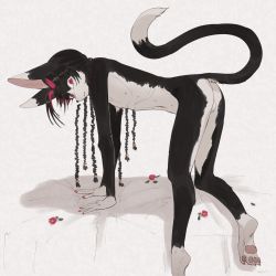 Rule 34 | 1boy, animal ears, ass, barefoot, black hair, body fur, braid, cat boy, cat ears, cat tail, closed mouth, colored inner hair, extra breasts, feet, fewer digits, flower, furry, furry male, highres, looking at viewer, male focus, multicolored hair, navel, nipples, nude, on bed, onikusasami, original, pawpads, purple eyes, skinny, slit pupils, solo, tail, testicles, trap