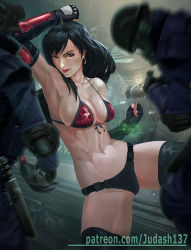 Rule 34 | 1girl, armpits, arms up, bare arms, bare shoulders, bikini, black hair, bracelet, breasts, cleavage, clenched hands, collarbone, colored skin, earrings, fantasy, fighting stance, final fantasy, final fantasy vii, final fantasy vii remake, fingerless gloves, gloves, jewelry, judash137, kicking, large breasts, long hair, looking at viewer, miniskirt, navel, open mouth, parted lips, pleated skirt, ponytail, red eyes, skirt, smile, solo, square enix, swimsuit, thighhighs, thighs, tifa lockhart, toned, very long hair, white skin