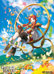 Rule 34 | 1girl, character name, cloud, gate ruler, high heels, logo, looking at viewer, noki (affabile), official art, open mouth, orange eyes, parted bangs, petals, pointy ears, red hair, short hair with long locks, sky, smile, solo, swinging