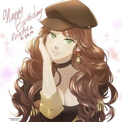 Rule 34 | 1girl, black hat, breasts, brown hair, character name, choker, cleavage, darkgreyclouds, dorothea arnault, earrings, fire emblem, fire emblem: three houses, garreg mach monastery uniform, green eyes, happy birthday, hat, jewelry, large breasts, long hair, nintendo, parted lips, simple background, solo, uniform, upper body, white background