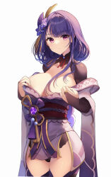 Rule 34 | 1girl, absurdres, breasts, bridal gauntlets, closed mouth, commentary request, cowboy shot, genshin impact, hair ornament, highres, japanese clothes, kimono, large breasts, long hair, purple background, purple eyes, purple hair, purple kimono, raiden shogun, simple background, sob (submar1089), solo, thighhighs, thighs, vision (genshin impact), white background