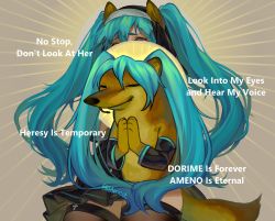 Rule 34 | 1girl, ameno (song), animal, animal ears, black dress, black sleeves, blue hair, brown thighhighs, bsapricot, cheemsburger (doge), cross, cross necklace, detached sleeves, dog, dog ears, dog girl, dog tail, doge, don&#039;t look at her (meme), dress, english text, fusion, hair between eyes, hatsune miku, highres, jewelry, kemonomimi mode, latin cross, long hair, long sleeves, meme, necklace, nun, open mouth, own hands together, palms together, parody, shiba inu, solo, tail, thighhighs, twintails, twitter username, veil, very long hair, vocaloid