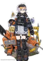 Rule 34 | 1girl, black footwear, black gloves, caution tape, closed mouth, dirty, dirty clothes, gloves, goggles, goggles on head, green eyes, grey hair, hair between eyes, highres, holding, ierotak, knee pads, long sleeves, looking at viewer, original, sign, solo, standing, white background