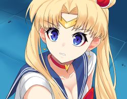 Rule 34 | 1girl, absurdres, bishoujo senshi sailor moon, blonde hair, blue eyes, blue sailor collar, bow, breasts, choker, cleavage, collarbone, crescent, crescent earrings, derivative work, earrings, hair ornament, heart, heart choker, highres, jewelry, long hair, magical girl, medium breasts, meme, parted bangs, parted lips, red choker, rinse 7, sailor collar, sailor moon, sailor moon redraw challenge (meme), sailor senshi uniform, short sleeves, solo, twintails, upper body