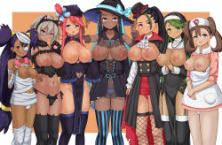 Rule 34 | 6+girls, alternate breast size, animal costume, animal ear legwear, animal ears, animal hands, animal print, aqua bow, aqua eyes, aqua hair, ascot, bandages, bea (pokemon), black cape, black corset, black dress, black garter belt, black hair, black headwear, black panties, black sleeves, black thighhighs, blue eyes, blue panties, bow, bowtie, breasts, breasts out, brown eyes, cape, cat costume, cat ear legwear, cat ears, cat panties, cat print, china dress, chinese clothes, cleft of venus, closed mouth, clothing cutout, commentary request, corset, cosplay, covered navel, creatures (company), cross, cross necklace, dark-skinned female, dark skin, detached sleeves, dress, eyepatch, fangs, fishnet thighhighs, fishnets, game freak, garter belt, gloves, green eyes, green hair, grey eyes, habit, hair pulled back, halloween costume, hand on headwear, hat, hat bow, hat ornament, highres, in-franchise crossover, iris (pokemon), jewelry, jiangshi costume, joy (pokemon), joy (pokemon) (cosplay), large areolae, large breasts, latin cross, long hair, long sleeves, looking at viewer, low-tied long hair, mallow (pokemon), medium breasts, multicolored hair, multiple girls, mummy costume, navel, navel cutout, necklace, nemona (pokemon), nessa (pokemon), nintendo, nipples, nun, nurse, nurse cap, one side up, open mouth, own hands clasped, own hands together, panties, paw gloves, paw pose, pelvic curtain, pink bow, pink bowtie, pink dress, pokemon, pokemon bw, pokemon sm, pokemon sv, pokemon swsh, pokemon xy, ponytail, print panties, purple hair, qingdai guanmao, quad tails, red hair, red panties, shauna (pokemon), shipua (the worst night ever), short hair, side-tie panties, simple background, skyla (pokemon), sleeveless, sleeveless dress, sleeves past fingers, sleeves past wrists, smile, streaked hair, striped clothes, striped thighhighs, talisman, thighhighs, top hat, two-tone hair, two side up, underwear, vampire, white ascot, white panties, wide sleeves, witch, witch hat