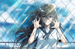 Rule 34 | 1girl, absurdres, angry, black ribbon, black sailor collar, blue eyes, blue nails, breasts, brown hair, chain-link fence, chinese commentary, clenched hands, clenched teeth, cloud, cloudy sky, commentary, day, fence, floating hair, glaring, hair between eyes, hair over eyes, highres, holding, lens flare, light particles, light rays, long hair, looking at viewer, medium breasts, nail polish, original, ribbon, sailor collar, school uniform, short sleeves, sky, solo, squeezing, sunlight, tears, teeth, upper body, wind, wind lift, zrkk5825
