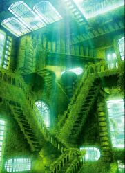 Rule 34 | commentary, impossible architecture, indoors, moss, no humans, original, outdoors, overgrown, plant, railing, ruins, scenery, stairs, sunlight, window, yasudagabou