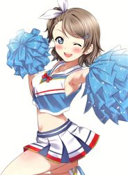 Rule 34 | 1girl, :d, absurdres, alternate hairstyle, armpits, blue eyes, blush, breasts, cheering, cheerleader, crop top, crop top overhang, grey hair, hair between eyes, hair ornament, hair ribbon, hairclip, highres, looking at viewer, love live!, love live! school idol festival, love live! sunshine!!, medium breasts, midriff, miniskirt, one eye closed, one side up, open mouth, pleated skirt, pom pom (cheerleading), ribbon, sankuro (agoitei), scan, short hair, side ponytail, simple background, skirt, sleeveless, smile, solo, standing, standing on one leg, striped clothes, striped skirt, thighs, v-neck, watanabe you, white background, | |