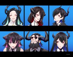 Rule 34 | 2boys, 4girls, aradia ravencroft, asymmetrical horns, black hair, black suit, blue hair, brother and sister, closed eyes, colored inner hair, demon horns, family, father and daughter, father and son, formal, hair over one eye, highres, hololive, hololive english, horns, husband and wife, kivo, long hair, looking at viewer, malpha ravencroft, malphis ii ravencroft, mamarissa ravencroft, mole, mole under each eye, mole under eye, mother and daughter, mother and son, multicolored hair, multiple boys, multiple girls, multiple moles, nerissa ravencroft, nerissa ravencroft (1st costume), one eye closed, paparissa ravencroft, pink eyes, pink hair, red eyes, red hair, shirt, short hair, siblings, sisters, smile, suit, textless version, tongue, tongue out, very long hair, virtual youtuber, white shirt