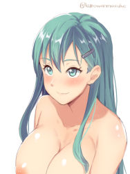 Rule 34 | 10s, 1girl, aqua eyes, aqua hair, blush, breasts, cleavage, closed mouth, eyelashes, from above, hair ornament, hairclip, kantai collection, kurowan, large breasts, long hair, nipples, nude, simple background, smile, solo, suzuya (kancolle), twitter username, upper body, white background
