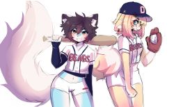 Rule 34 | 1boy, 1girl, absurdres, anakoluth, animal ears, ball, baseball, baseball cap, baseball glove, baseball uniform, blonde hair, blue eyes, blush, brown eyes, brown hair, closed mouth, contrapposto, cowboy shot, crop top, dog ears, dog girl, dog tail, doosan bears, fox ears, fox girl, fox tail, furry, furry female, furry male, glasses, hat, highres, holding, holding ball, kbo league, looking at viewer, midriff, navel, original, parted lips, round eyewear, short hair, short shorts, shorts, smile, sportswear, tail, teeth, trap, white shorts