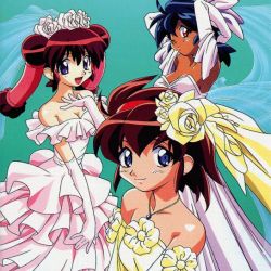 Rule 34 | 1990s (style), 3girls, arms up, bare shoulders, bloodberry (saber r), blue eyes, blue hair, breasts, bridal veil, bride, brown hair, cherry, cherry (saber marionette r), cherry (saber r), cleavage, dark skin, dark-skinned female, dress, elbow gloves, flower, food, fruit, gloves, hair flower, hair ornament, hairband, jewelry, lime (saber marionette r), lime (saber r), multiple girls, necklace, one eye closed, pendant, red eyes, red hair, saber marionette r, short hair, smile, strapless, strapless dress, twintails, veil, wedding dress, wink