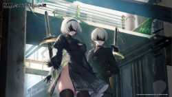 Rule 34 | 1boy, 1girl, 2b (nier:automata), 9s (nier:automata), absurdres, black blindfold, black dress, black gloves, black hairband, black thighhighs, blindfold, boots, breasts, choker, clothing cutout, dress, gloves, goddess of victory: nikke, hairband, highres, juliet sleeves, long sleeves, medium breasts, mole, mole under mouth, nier:automata, nier (series), official art, puffy sleeves, short hair, shorts, thighhighs, white hair, wide shot