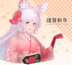 Rule 34 | 1girl, :d, animal ear fluff, animal ears, bad id, bad pixiv id, breasts, cat ears, cat girl, eyelashes, flower, furisode, green eyes, hair between eyes, hair flower, hair ornament, hair over one eye, happy new year, highres, japanese clothes, kanzashi, kimono, king&#039;s raid, kirze, large breasts, long hair, looking at viewer, new year, obi, obiage, open mouth, pink kimono, print kimono, red eyes, sash, scales, shirt, silver hair, smile, solo, white shirt, yu mochi (kamiinu)