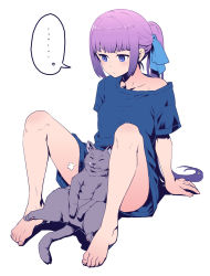 Rule 34 | ..., 1girl, barefoot, blouse, blue dress, blue shirt, breasts, cat, commentary request, dress, full body, highres, no pants, original, ponytail, purple eyes, purple hair, shirt, simple background, sitting, small breasts, solo, spread legs, ume (yume uta da), white background