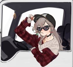 Rule 34 | 1girl, ahoge, baseball cap, berry, black choker, brown eyes, brown hair, choker, cocked eyebrow, crossed bangs, driving, earrings, eus ing, feathers, flannel, food-themed earrings, hair ornament, hairclip, hat, hat tip, highres, hololive, hololive english, jewelry, long hair, looking at viewer, motor vehicle, mouth hold, multicolored hair, nanashi mumei, nanashi mumei (casual), necklace, official alternate costume, plaid, plaid shirt, red shirt, semi truck, shirt, sitting, stalk in mouth, steering wheel, streaked hair, sunglasses, sweater, truck, virtual youtuber, white sweater