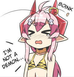 Rule 34 | &gt; &lt;, 1girl, ahoge, animal print, beans, bra, eyebrows, closed eyes, facial mark, flat chest, food, hair ornament, hard-translated, horn ornament, horn ring, horns, long hair, navel, no nose, oni, open mouth, original, pink hair, pointy ears, setsubun, solo, tears, third-party edit, tiger print, to-gnaniwa, translated, underwear