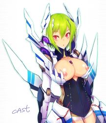 Rule 34 | 1girl, breasts, cleavage, eternal form, female focus, green hair, highres, kara (color), large breasts, nipples, phantasy star, phantasy star portable 2, phantasy star portable 2 infinity, red eyes, short hair, simple background, solo, third-party edit, white background