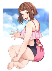 Rule 34 | 1girl, absurdres, ass, bare arms, bare shoulders, barefoot, black one-piece swimsuit, blue sky, blush, boku no hero academia, breasts, brown eyes, brown hair, cloud, cloudy sky, commentary request, day, from behind, highres, kobaji, looking at viewer, looking back, medium breasts, one-piece swimsuit, open mouth, pink one-piece swimsuit, short hair, sitting, sky, smile, soles, solo, swimsuit, teeth, toes, upper teeth only, uraraka ochako