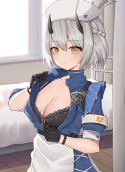 Rule 34 | 1girl, absurdres, apron, armband, bed, black bra, black gloves, blue archive, blue dress, bra, braid, breasts, cleavage, closed mouth, dress, emblem, gloves, grey hair, halo, hat, highres, horns, indoors, looking at viewer, medium breasts, moriyama a, nurse cap, sena (blue archive), short hair, short sleeves, solo, underwear, upper body, waist apron, white apron, yellow eyes