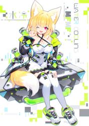 Rule 34 | 1girl, animal ear fluff, animal ears, blonde hair, breasts, cleavage, dress, english text, fox ears, fox girl, fox tail, full body, green footwear, highres, jacket, large breasts, liquid, looking at viewer, mamuru, medium hair, one eye closed, open mouth, original, red eyes, shoes, sitting, sleeveless, sleeveless dress, smoking pipe, sneakers, solo, tail, thighhighs, tube, w, white dress, white footwear, white thighhighs