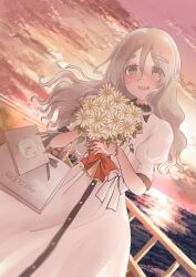 Rule 34 | 1girl, absurdres, bag, bouquet, braid, brown eyes, collared dress, commission, dating, dress, dutch angle, flower, gift bag, grey hair, highres, holding, holding bouquet, kantai collection, long hair, mizunototori, ocean, open mouth, pola (kancolle), puffy short sleeves, puffy sleeves, shopping bag, short sleeves, solo, white dress, white flower