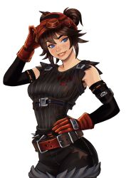 Rule 34 | 1girl, belt, black pants, black shirt, breasts, brown belt, brown gloves, commentary, detached sleeves, double bun, english commentary, fortnite, gigis lab, gloves, hair bun, hand on own hip, highres, leaning forward, mask, mask on head, medium breasts, pants, parted lips, ribbed shirt, shirt, short hair, smile, solo, the machinist (fortnite), white background