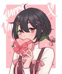 Rule 34 | 1girl, absurdres, black hair, border, box, braid, brown dress, brown eyes, copyright request, covering own mouth, dress, green hair, hair ornament, hairclip, happy valentine, heart-shaped box, highres, long sleeves, looking at viewer, mole, mole under eye, mugen0017, multicolored hair, pink background, pink ribbon, ribbon, solo, sweater, two-tone hair, valentine, virtual youtuber, white border, white sweater, x hair ornament